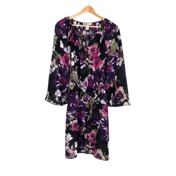 White House Black Market Purple Pink Floral Dress Sheer 3/4 Sleeves Large NWT - Picture 2 of 12